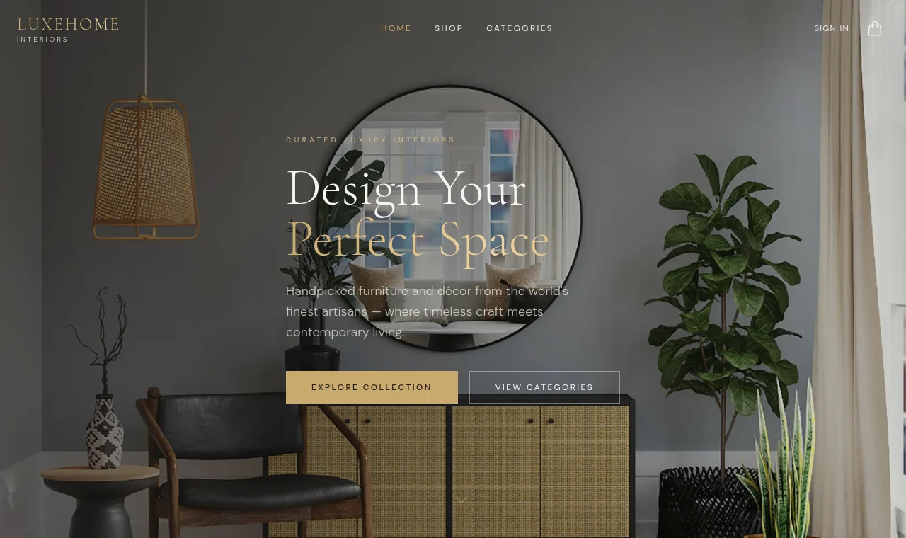 Luxe — Premium design studio storefront with client portal and curated catalog.