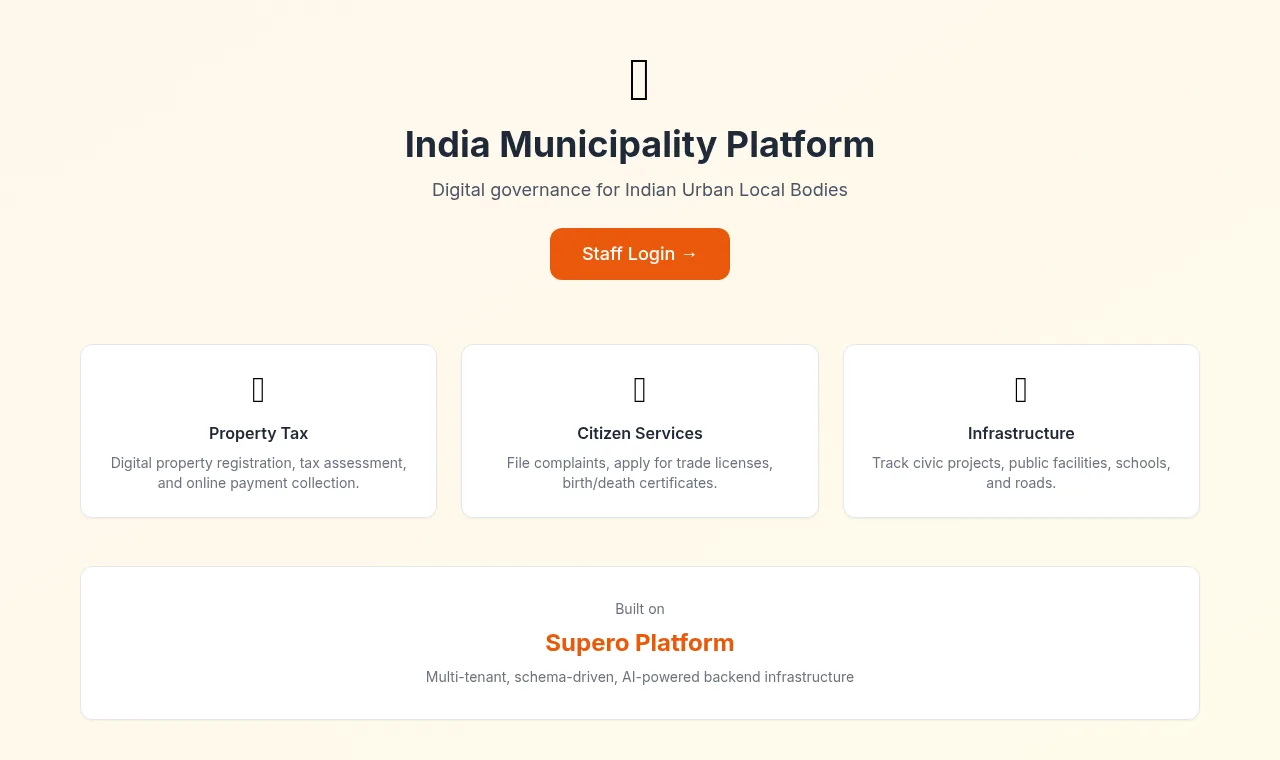 Municipality — Civic services platform — citizen portal and departmental workflows.